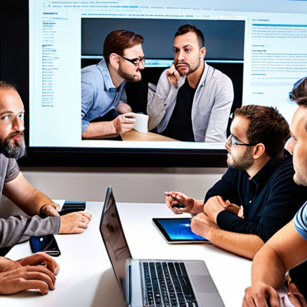 **Continuous User Research:** A diverse group of people (developers, designers, product managers) gathered around a table at a "research party," analyzing user data projected on a screen. Focus on collaboration and discussion.