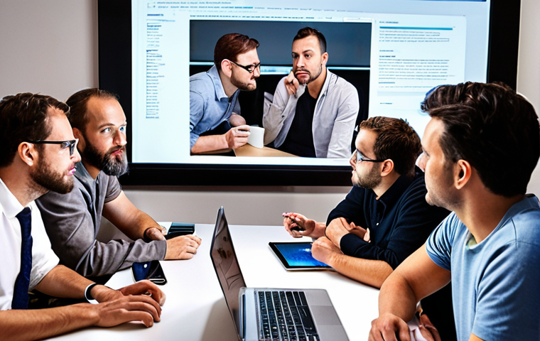 **Continuous User Research:** A diverse group of people (developers, designers, product managers) gathered around a table at a "research party," analyzing user data projected on a screen. Focus on collaboration and discussion.